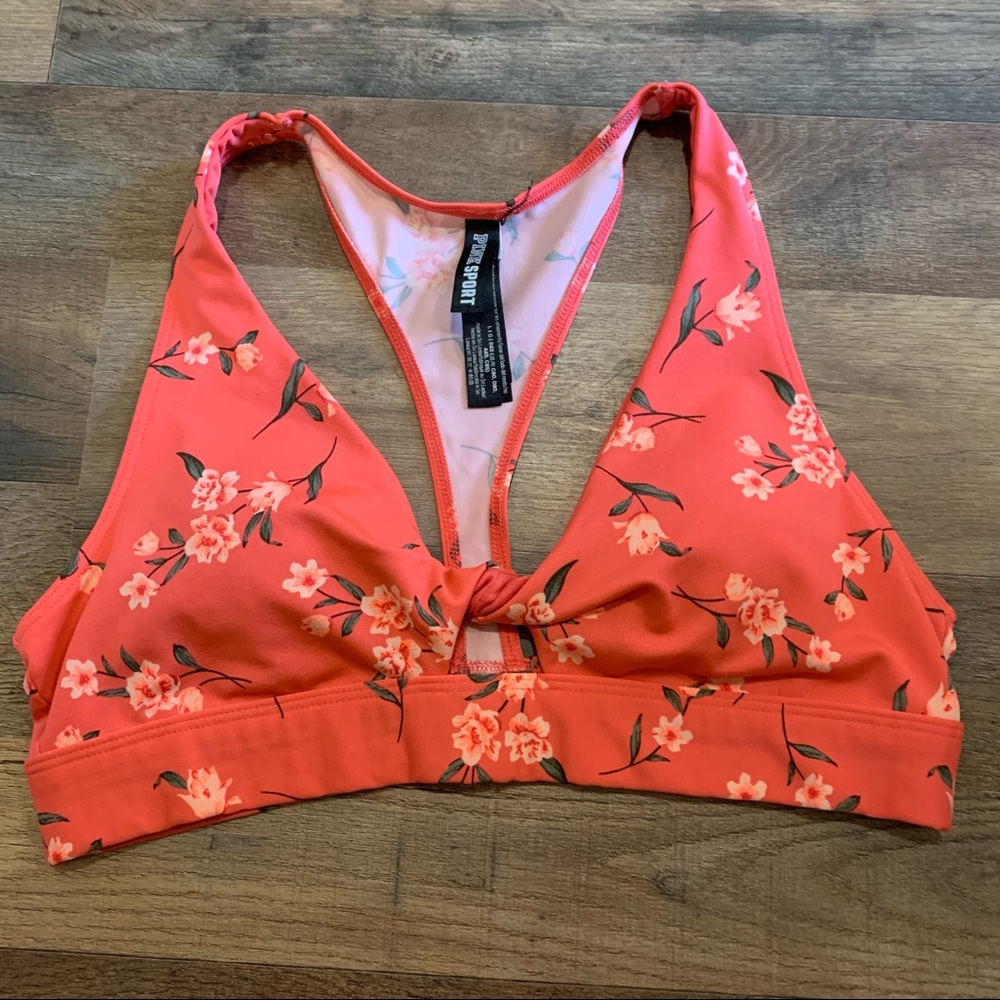 VS PINK Coral with Pink Daffodils Sports Bra